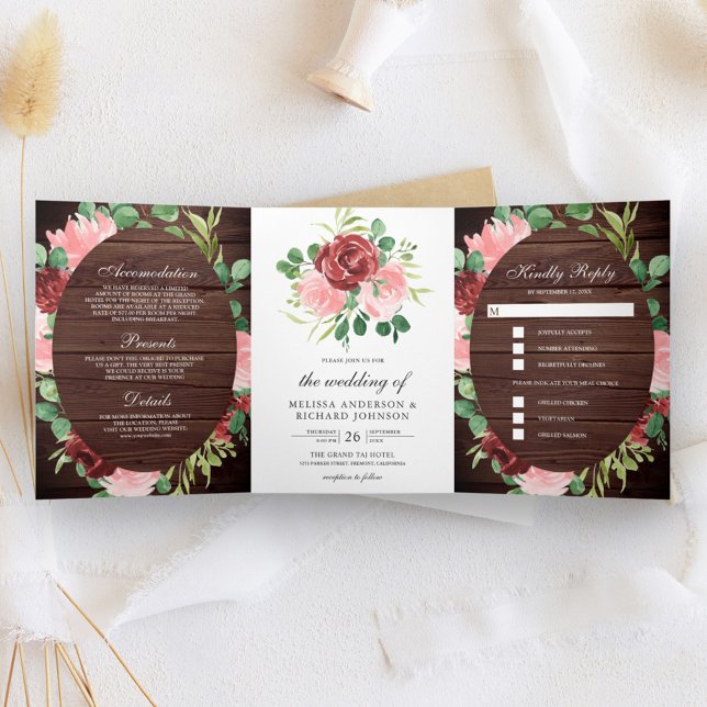 Blush Pink and Burgundy Floral Barn Wood Wedding Tri-Fold Invitation (Creator Uploaded)