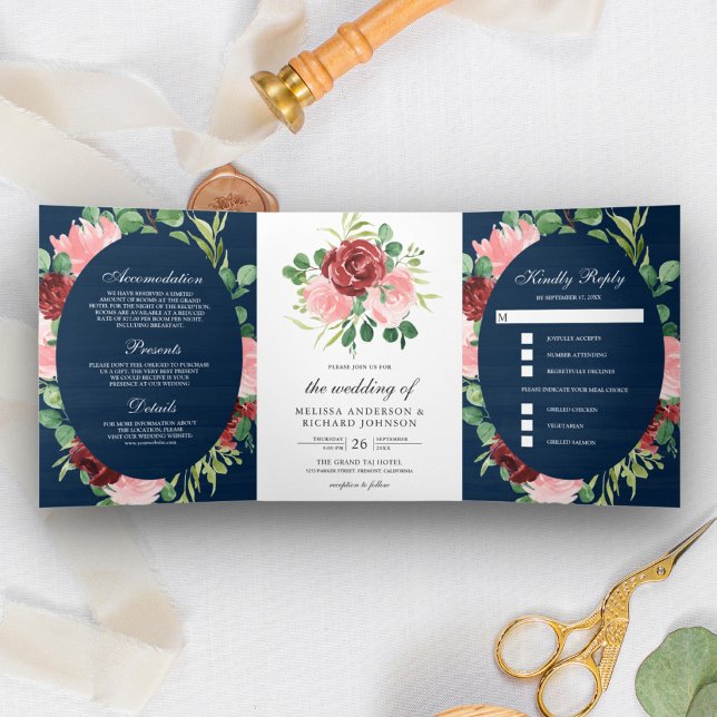 Blush Pink and Burgundy Floral Navy Wood Wedding Tri-Fold Invitation (Creator Uploaded)