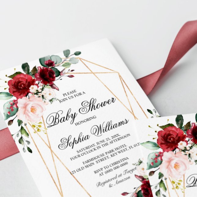 Blush Pink and Burgundy Rose Baby Shower Invitation (Creator Uploaded)