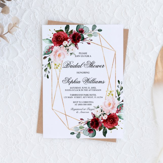 Blush Pink and Burgundy Rose Bridal Shower Invitation (Creator Uploaded)