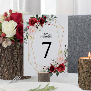 Blush Pink and Burgundy Rose Wedding Table Number