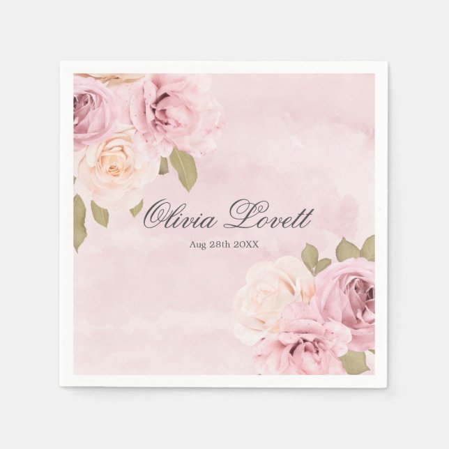 Blush Pink and Cream Roses Chic Bridal Shower Napkin (Front)