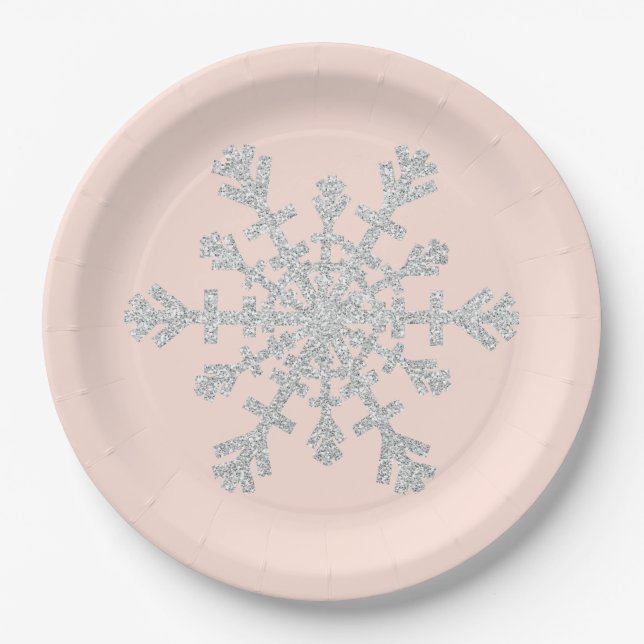 Blush Pink and Faux Glitter Silver Snowflake Paper Plate (Front)