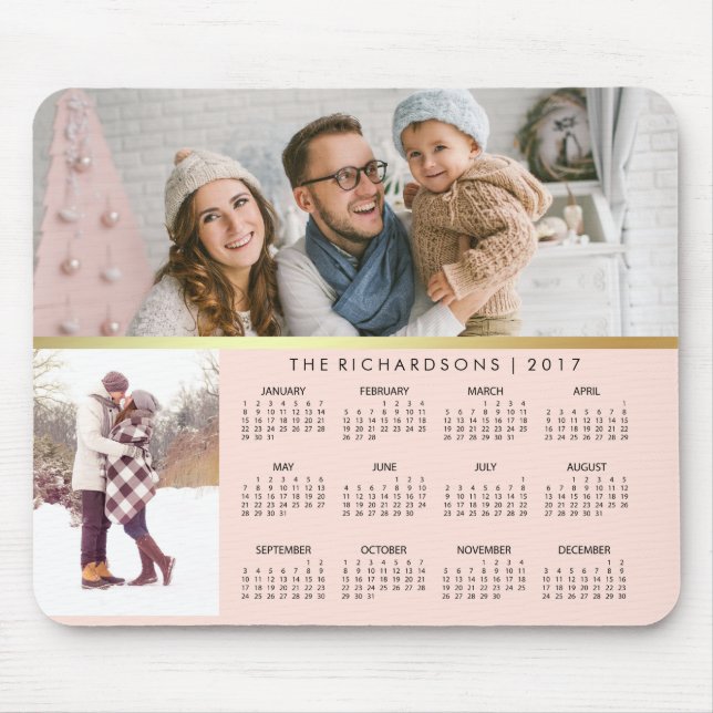 Blush Pink and Faux Gold 2017 Photo Calendar Mouse Pad (Front)
