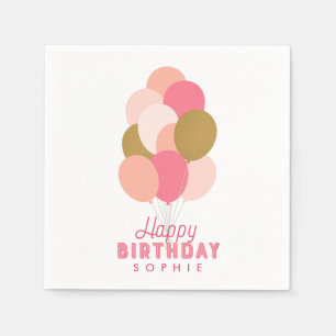 Blush Pink and Faux Gold Balloons Happy Birthday Napkin