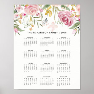 Blush Pink and Faux Gold Flowers   2018 Calendar Poster