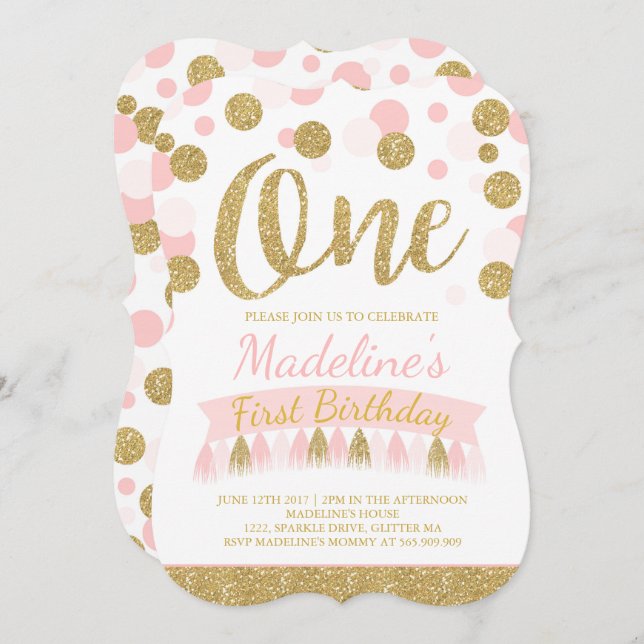 Blush Pink And Gold 1st Birthday Invitation (Front/Back)