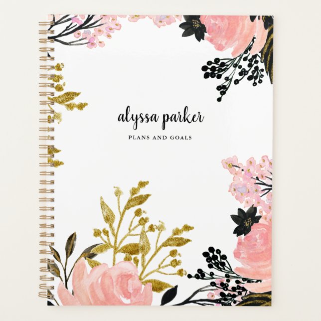 Blush Pink and Gold and Black Watercolor Floral Planner (Front)