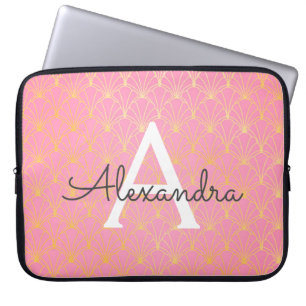 Blush Pink and Gold Art Deco Pattern Monogram Laptop Sleeve
