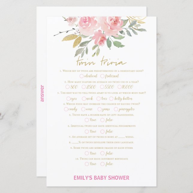 Blush Pink and Gold Baby Shower Game PRINTED (Front/Back)