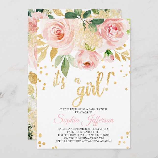 Blush Pink and Gold Baby Shower Invitation (Front/Back)