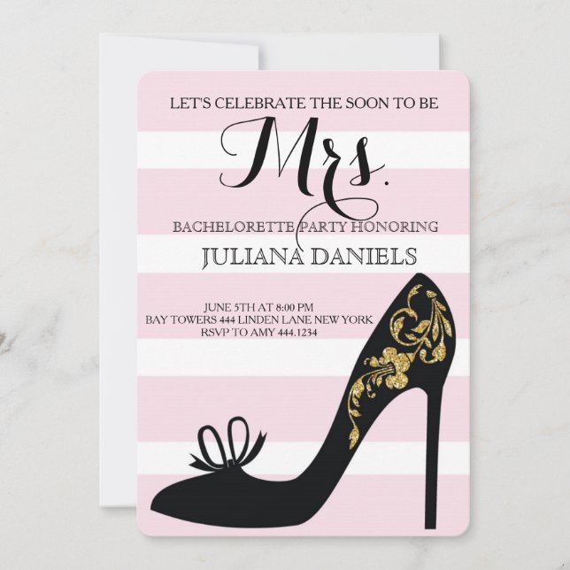 Blush Pink and Gold Bachelorette Party Invitations (Front)