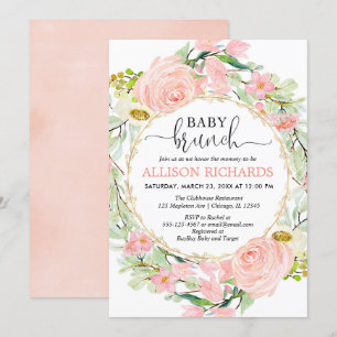 Blush pink and gold brunch girl baby shower floral invitation