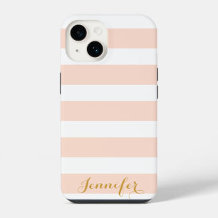 Blush Pink and Gold Classic Stripes Monogram iPhone 14 Case