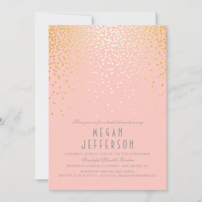 blush pink and gold confetti bridal shower invitation (Front)