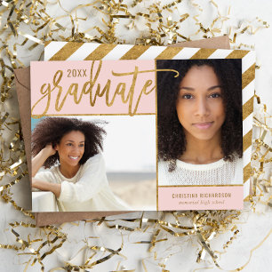 Blush Pink and Gold Faux Foil 2 Photo Graduation Announcement