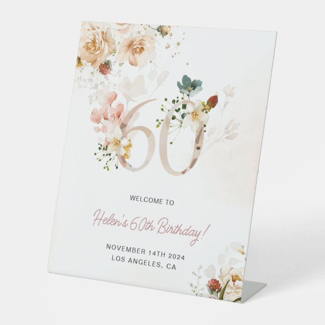 Blush Pink and Gold Floral 60th Birthday Welcome Pedestal Sign (Front)