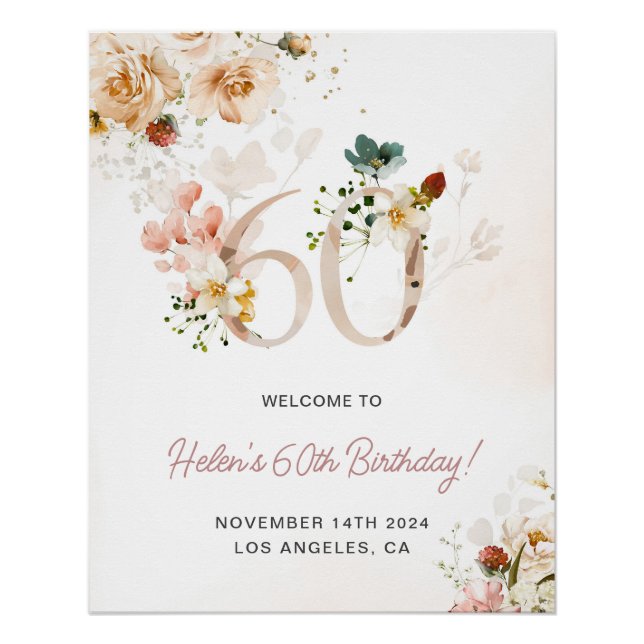 Blush Pink and Gold Floral 60th Birthday Welcome Poster (Front)
