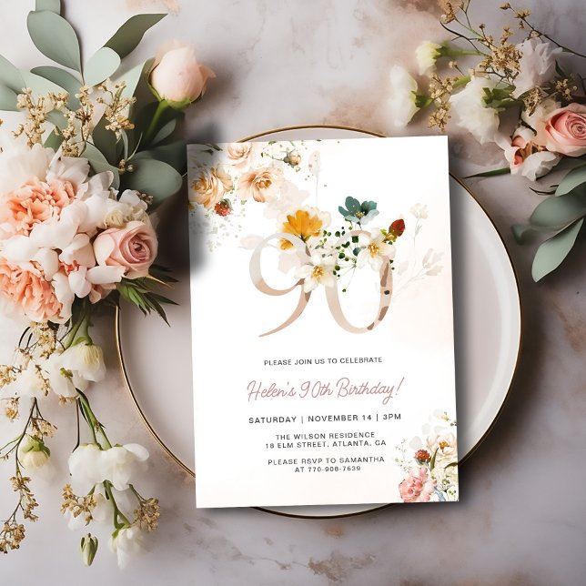 Blush Pink and Gold Floral 90th Birthday Invite (Creator Uploaded)