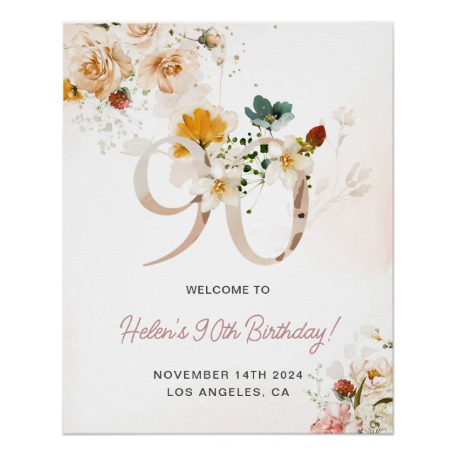 Blush Pink and Gold Floral 90th Birthday Welcome Poster (Front)