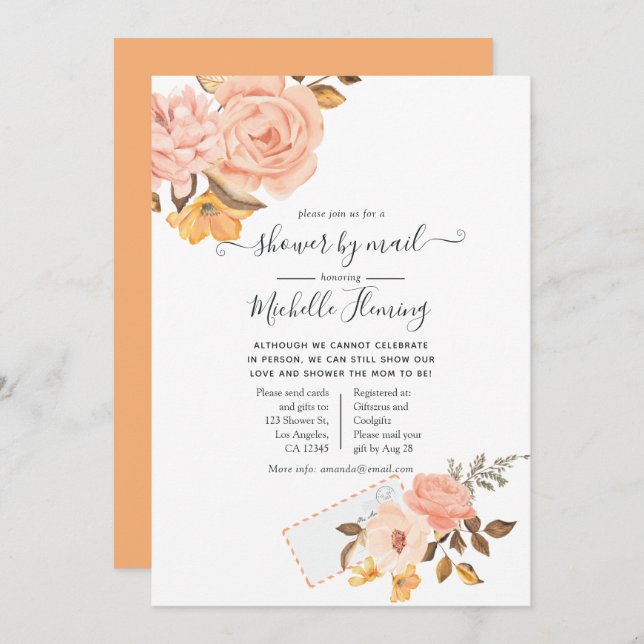 Blush Pink and Gold Floral Baby Shower by Mail Invitation (Front/Back)
