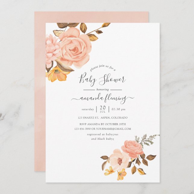 Blush Pink and Gold Floral Baby Shower Invitation (Front/Back)