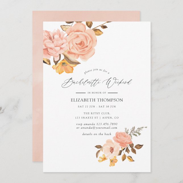 Blush Pink and Gold Floral Bachelorette Weekend Invitation (Front/Back)