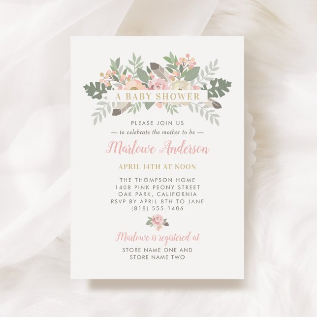 Blush Pink and Gold Floral Boho Girl Baby Shower Invitation (Creator Uploaded)