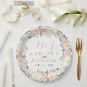 Blush Pink and Gold Floral Boho Wedding Monogram Paper Plate