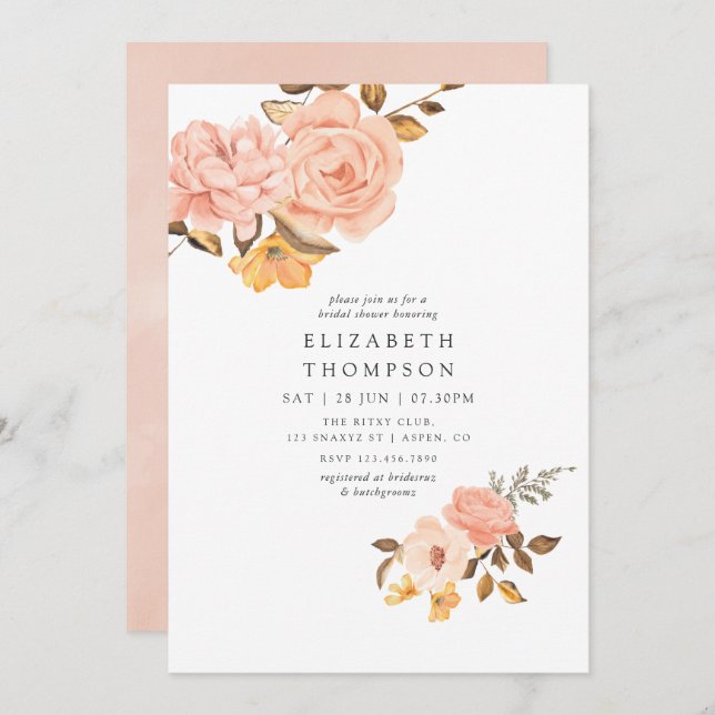 Blush Pink and Gold Floral Bridal Shower Invitation (Front/Back)