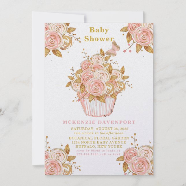 Blush Pink and Gold Floral Cupcake Baby Shower Invitation (Front)