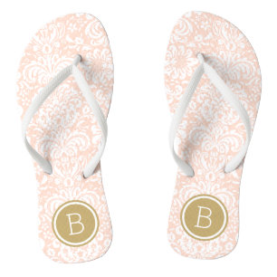 Blush Pink and Gold Floral Damask Monogram Thongs