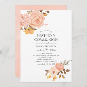 Blush Pink and Gold Floral First Holy Communion Invitation