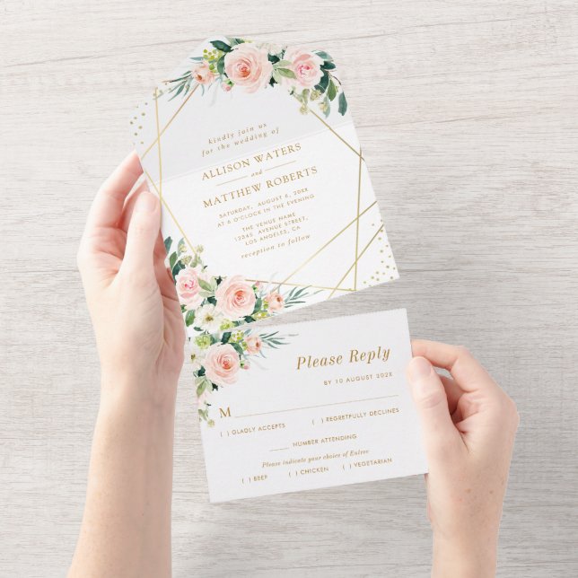 blush pink and gold floral geometric wedding all in one invitation (Tearaway)