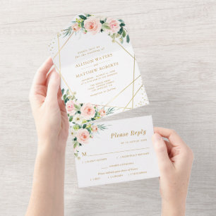 blush pink and gold floral geometric wedding all in one invitation