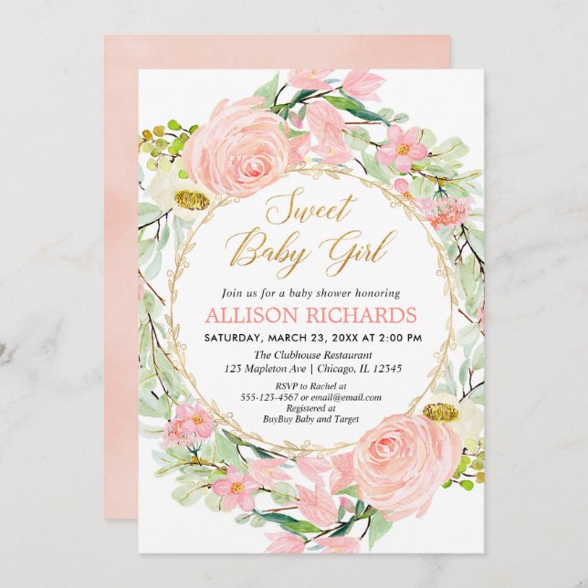 Blush pink and gold floral girl baby shower invitation (Front/Back)