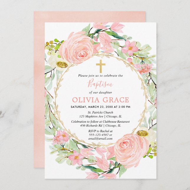 Blush pink and gold floral girl baptism invitation (Front/Back)