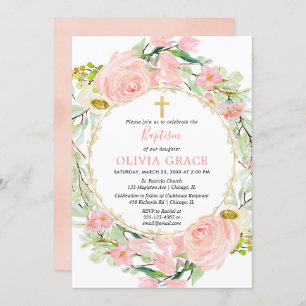 Blush pink and gold floral girl baptism invitation