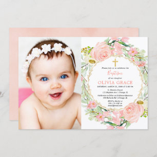 Blush pink and gold floral girl baptism photo invitation