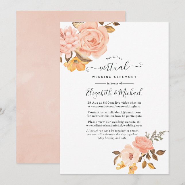 Blush Pink and Gold Floral Online Virtual Wedding Invitation (Front/Back)