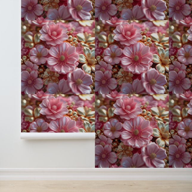 Blush Pink and Gold Floral Peel and Stick Mural Wallpaper (Application)
