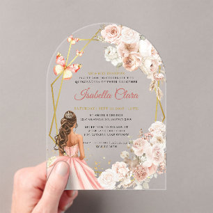 Blush Pink and Gold Floral Princess Quinceanera Acrylic Invitations