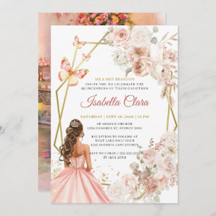 Blush Pink and Gold Floral Princess Quinceanera Invitation