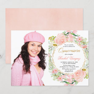Blush pink and gold floral Quinceanera photo Invitation
