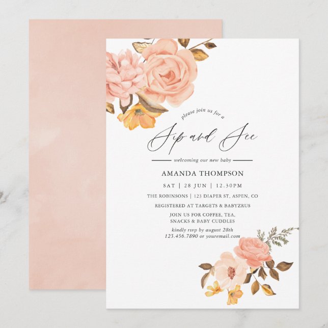 Blush Pink and Gold Floral Sip and See Party Invitation (Front/Back)