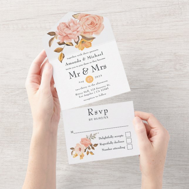 Blush Pink and Gold Floral Wedding All In One Invitation (Tearaway)