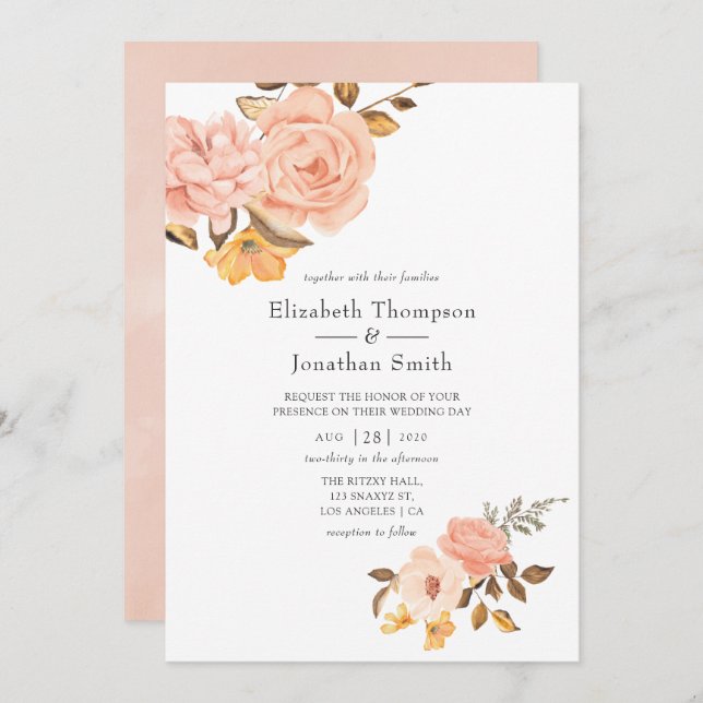 Blush Pink and Gold Floral Wedding Invitation (Front/Back)