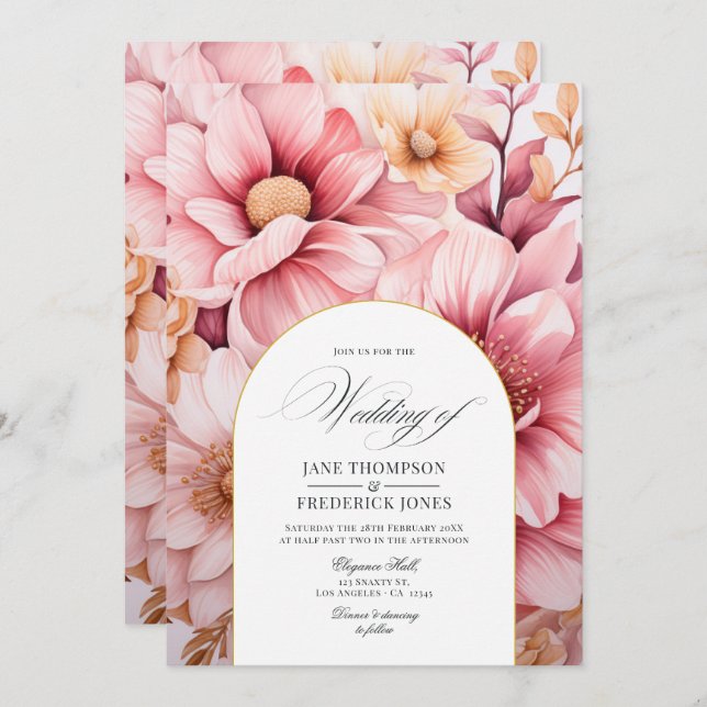 Blush Pink and Gold Floral Wedding Invitation (Front/Back)