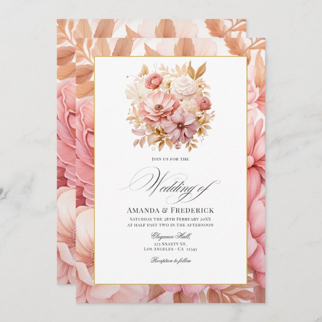 Blush Pink and Gold Floral Wedding Invitation (Front/Back)