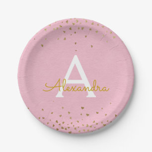 Blush Pink and Gold Foil Confetti Monogram Paper Plate